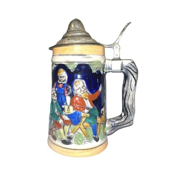 Lidded Beer Stein with Pewter Lid Stonewear Pint Made In Japan - Picture 1 of 7